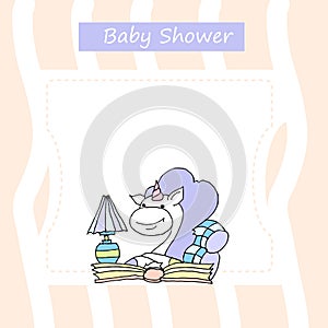 Cute baby shower cartoon with beautiful unicorn. Label for children with funny unicorns. Vector illustration. Baby love.