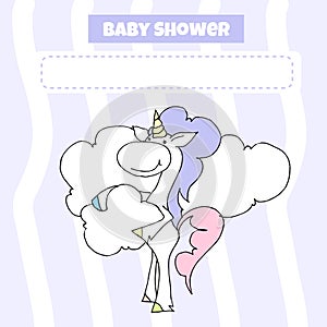 Cute baby shower cartoon with beautiful unicorn. Label for children with funny unicorns. Vector illustration. Baby love.