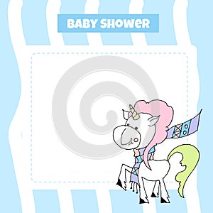 Cute baby shower cartoon with beautiful unicorn. Label for children with funny unicorns. Vector illustration. Baby love.