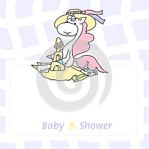 Cute baby shower cartoon with beautiful unicorn. Label for children with funny unicorns. Vector illustration. Baby love.