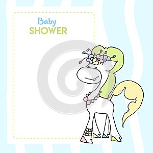 Cute baby shower cartoon with beautiful unicorn. Label for children with funny unicorns. Vector illustration. Baby love.