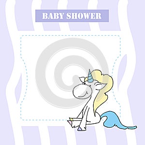 Cute baby shower cartoon with beautiful unicorn. Label for children with funny unicorns. Vector illustration. Baby love.