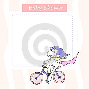 Cute baby shower cartoon with beautiful unicorn. Label for children with funny unicorns. Vector illustration. Baby love.