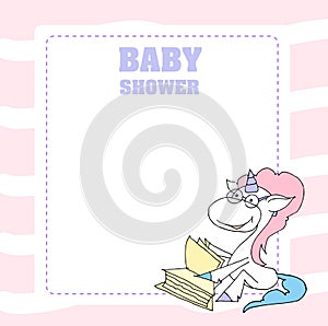 Cute baby shower cartoon with beautiful unicorn. Label for children with funny unicorns. Vector illustration. Baby love.