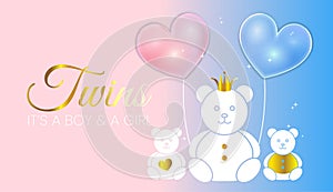 Cute Baby Shower Invitation Design. Blue and Pink Twins It`s a Girl and a Boy Vector Illustration with Gold Bears and Heart