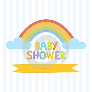 Cute baby shower invitation template with letters and rainbow. Vector illustration