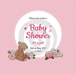 Cute Baby Shower party invitation template with pink background, beautiful flowers and Teddy bear near the circle with text