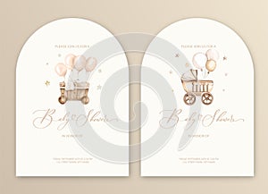 Cute baby shower watercolor invitation card for baby and kids new born celebration with baby carriage