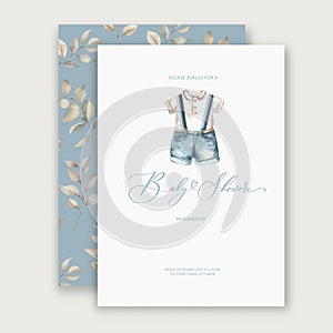 Cute baby shower watercolor invitation card for baby and kids new born celebration with baby clothes.