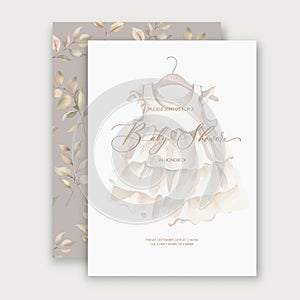 Cute baby shower watercolor invitation card for baby and kids new born celebration with baby clothes.