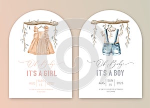 Cute baby shower watercolor invitation card for baby and kids new born celebration. Its a girl, Its a boy card with baby