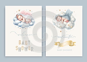 Cute baby shower watercolor invitation card for baby and kids new born celebration. With sleeping newborn baby on cloud