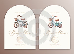 Cute baby shower watercolor invitation card for baby and kids new born celebration with toy bike