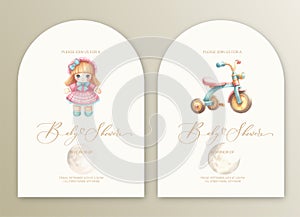 Cute baby shower watercolor invitation card for baby and kids new born celebration with toy bike and doll