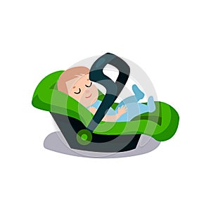 Cute baby sleeping on a green car seat, safe child traveling cartoon vector illustration