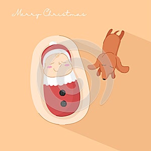 Cute Baby Sleeping With Puppy. Merry Christmas Illustration