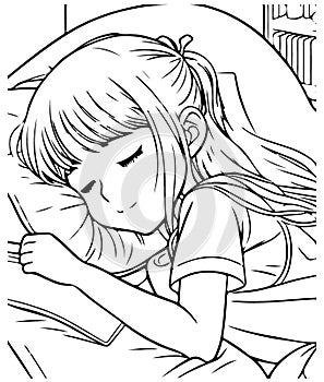 Cute baby sleeps on a pillow. Anime girl vector coloring for children