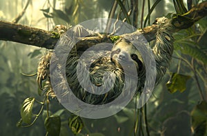 Cute baby sloth dangles from a tree branch in the lush forest, AI-generated.