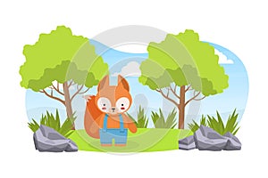 Cute Baby Squirrel Standing on on Green Lawn, Adorable Humanized Animal Character Vector Illustration