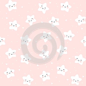 Cute baby star pattern with smiling and sleeping stars and hearts. Vector seamless night sky background in pink.