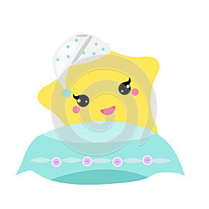 Cute baby star with pillow in hight hat. vector illustration for nursery design. Good night, sweet dreams concept