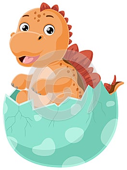 Cute baby stegosaurus cartoon hatching from egg