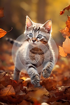 Cute baby stripey tabby kitten in a bright autumn fall landscape with golden leaves