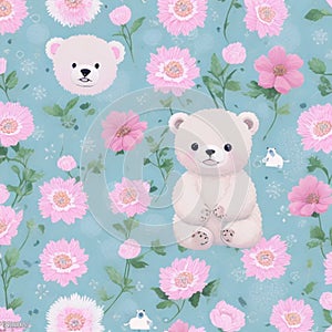 cute baby teddy bear or polar bear cartoon style with meadow flowers patten, seamless pattern fabric art background