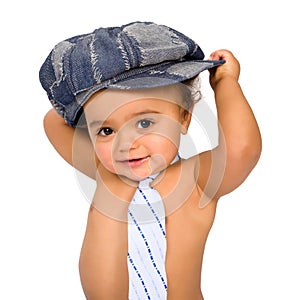Cute baby with tie and cap