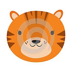 Cute baby tiger face portrait icon. Symbol of Chinese New Year 2022 in simple childish cartoon flat style. Vector illustration