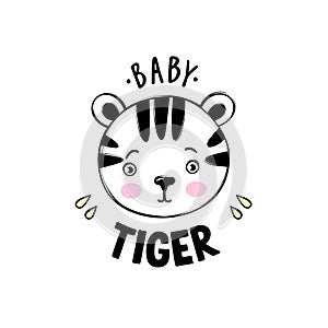 Cute baby tiger head illustration in doodle style. Hand drawn cartoon animal print