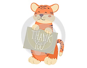 Cute baby tiger holding a thank you board. Vector isolated cartoon funny wild animal.