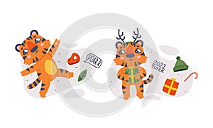Cute baby tigers set celebrating New Year. Funny orange striped jungle wildcat characters cartoon vector illustration