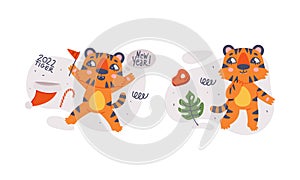 Cute baby tigers set. Funny orange striped jungle wildcat character celebrating New Year cartoon vector illustration