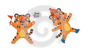 Cute baby tigers set. Funny orange striped jungle wildcat character waving red flag and skating. Happy New Year cartoon