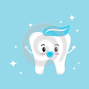 Cute baby tooth boy with dummy pacifier icon isolated on background.