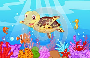 Cute baby turtle cartoon with collection fish