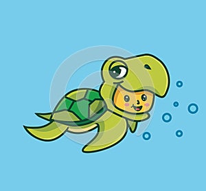 cute baby turtle costume swimming bubbles. cartoon animal nature concept Isolated illustration. Flat Style suitable for Sticker