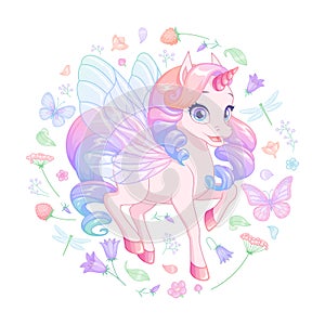 Cute baby unicorn with fairy wings surrounded with flowers and butterflies. Vector illustration.