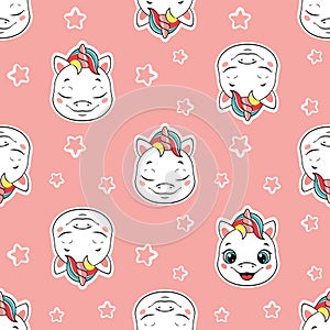 Cute baby unicorn head seamless pattern on pink background. Cartoon vector illustration