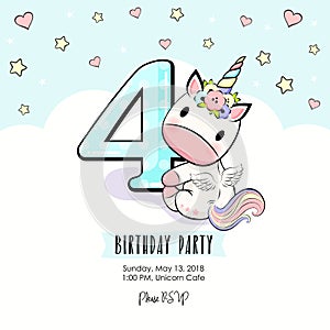 Cute baby unicorn invitation with hearts, stars and clouds