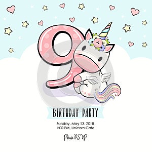 Cute baby unicorn invitation with hearts, stars and clouds