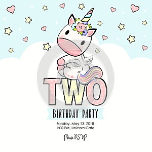 Cute baby unicorn invitation with hearts, stars and clouds