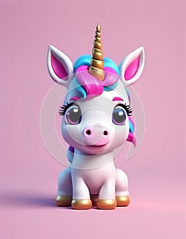 Cute baby unicorn little animal 3d rendering cartoon character