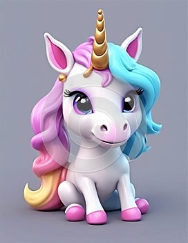 Cute baby unicorn little animal 3d rendering cartoon character