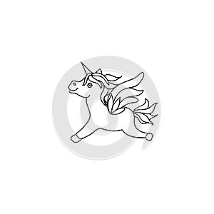 Cute baby unicorn pony kids coloring page line art isolated on white