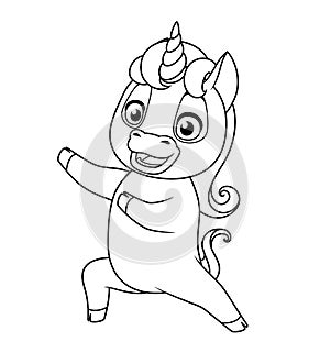 Cute baby unicorn presenting. Vector coloring page.