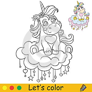 Cute baby unicorn sitting on cloud coloring