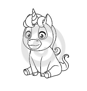 Cute baby unicorn sitting. Vector coloring page.