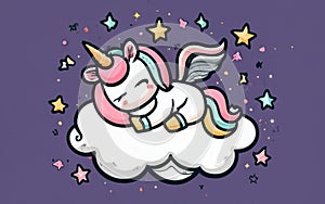 cute baby unicorn sleeping on flying cloud